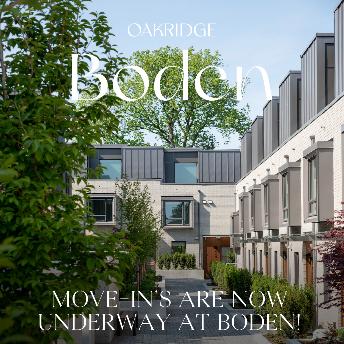 Oakridge Boden Move-in ad showing townhomes and courtyard with landscaping
